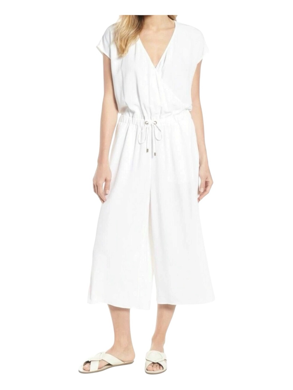 NWT Eileen Fisher White Tencel Viscose Crossover Wide Leg Jumpsuit Size M